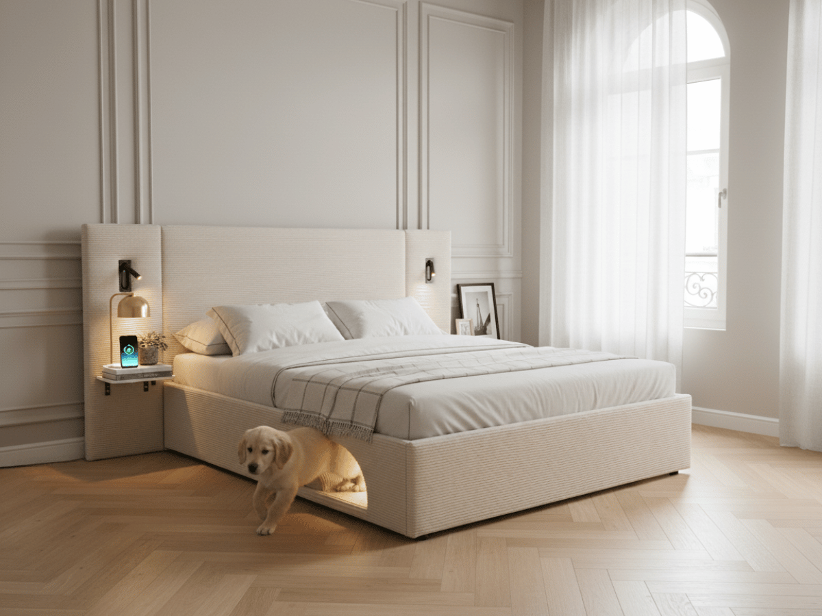 Lit Élysée – CosyPet Edition : tête de lit XXL, coffre, lumières, USB & tables de chevet incluses