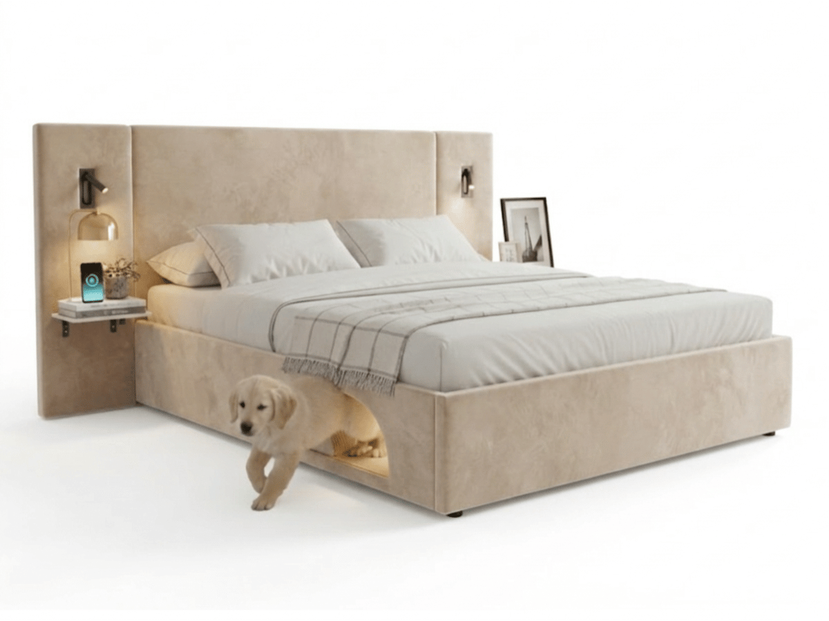 Lit Élysée – CosyPet Edition : tête de lit XXL, coffre, lumières, USB & tables de chevet incluses