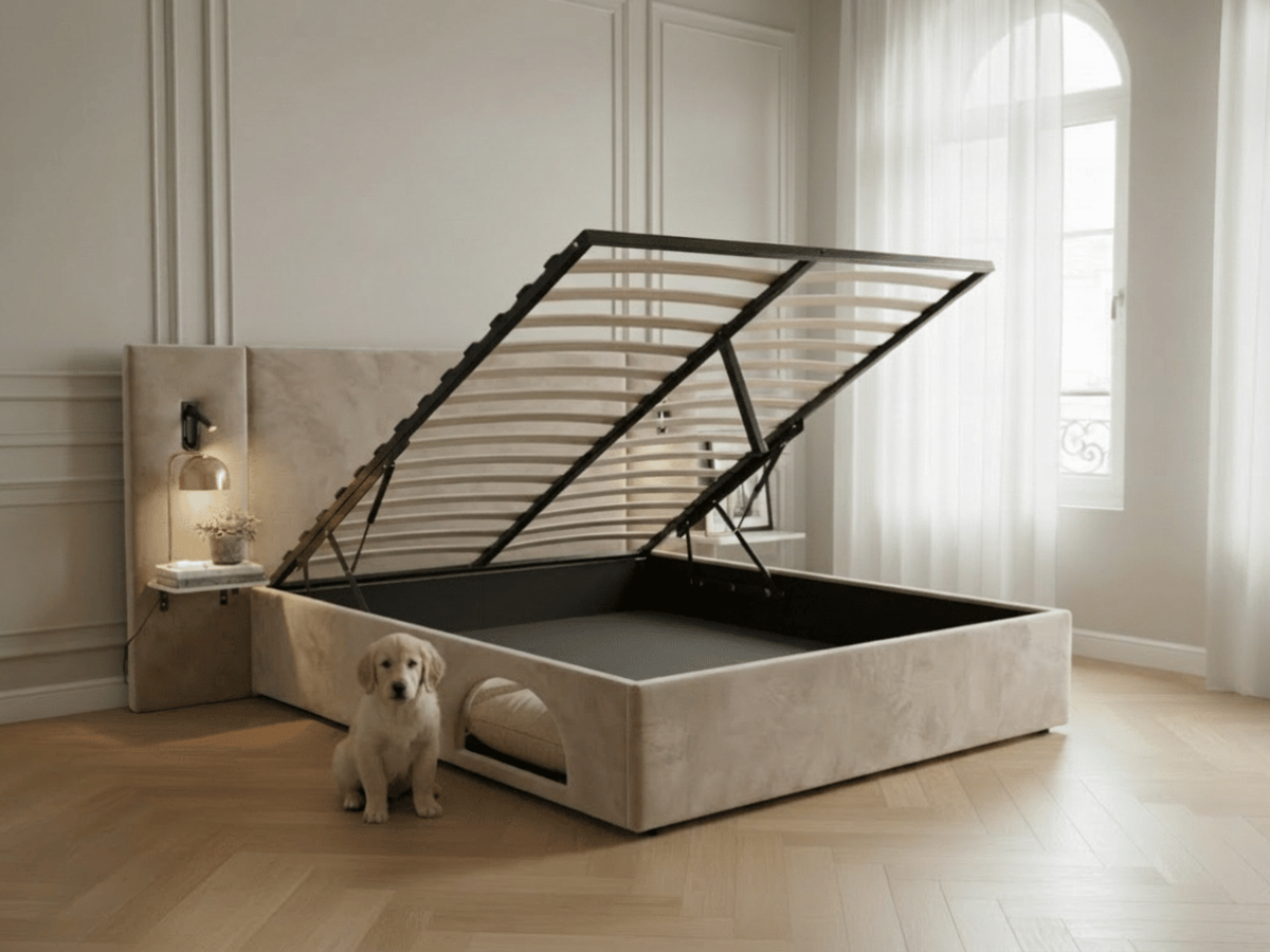 Lit Élysée – CosyPet Edition : tête de lit XXL, coffre, lumières, USB & tables de chevet incluses