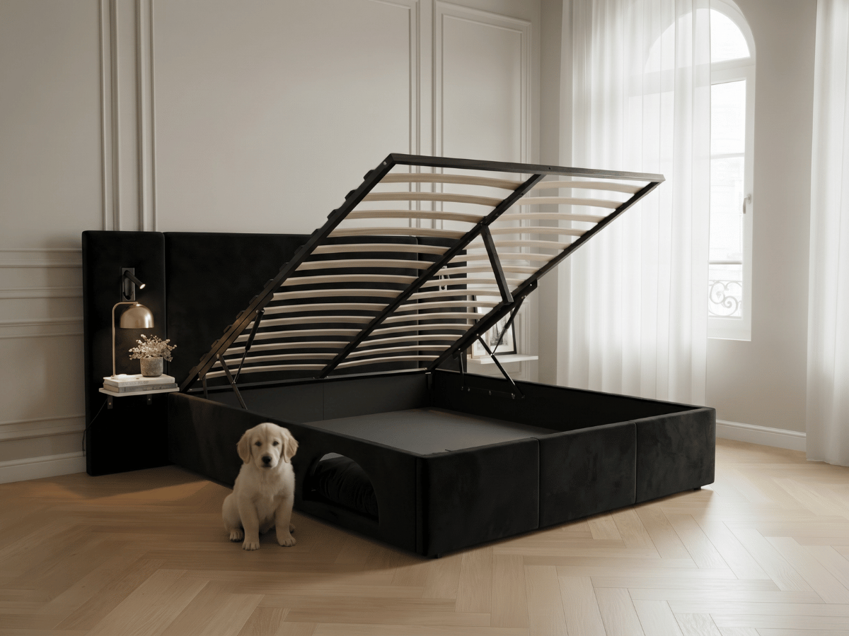 Lit Élysée – CosyPet Edition : tête de lit XXL, coffre, lumières, USB & tables de chevet incluses