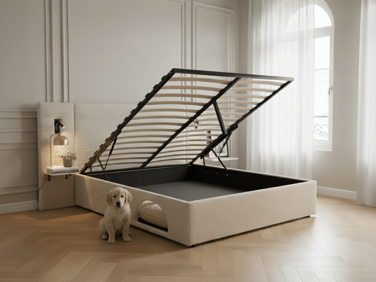 Lit Élysée – CosyPet Edition : tête de lit XXL, coffre, lumières, USB & tables de chevet incluses