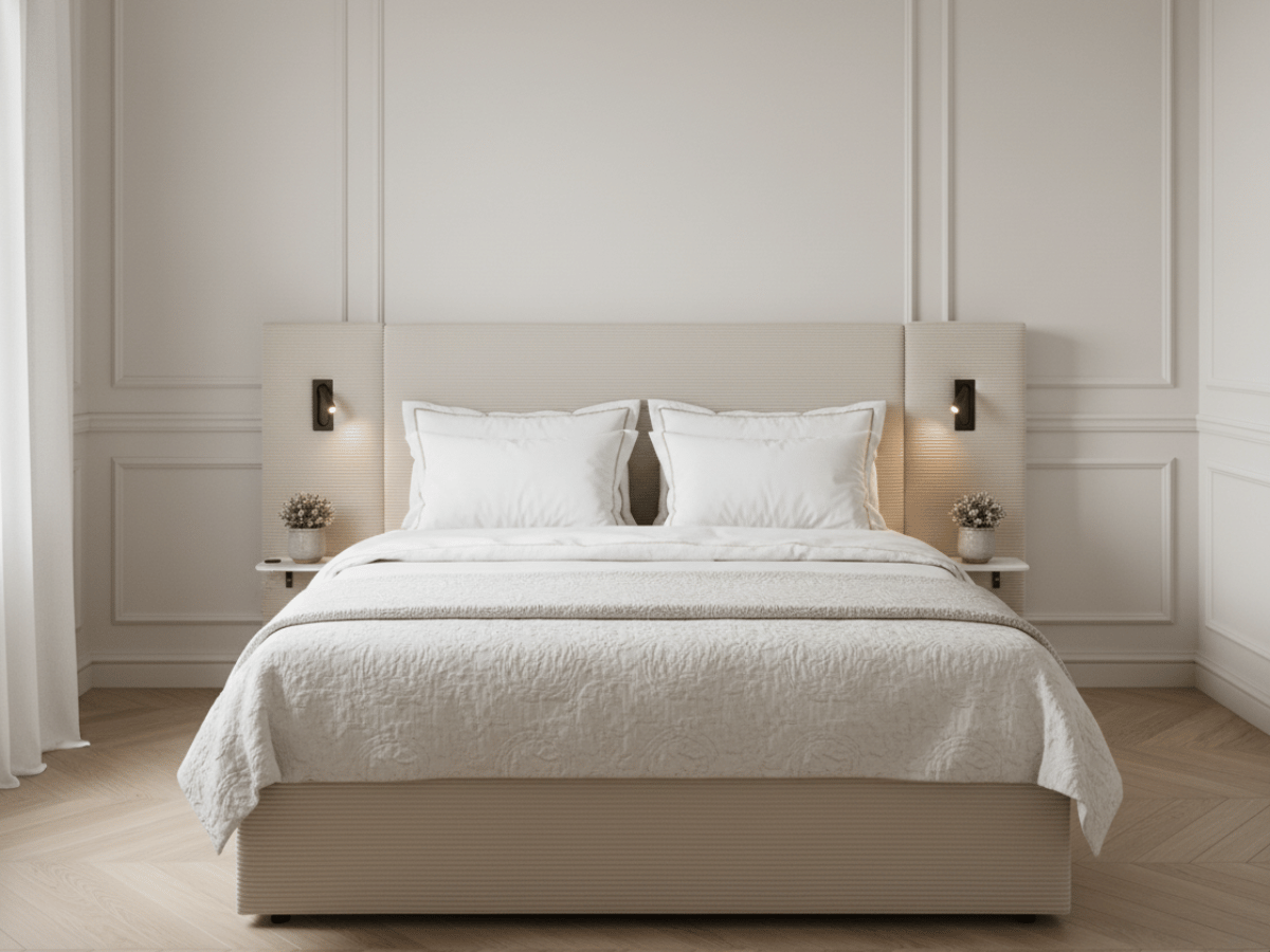 Lit Élysée – CosyPet Edition : tête de lit XXL, coffre, lumières, USB & tables de chevet incluses