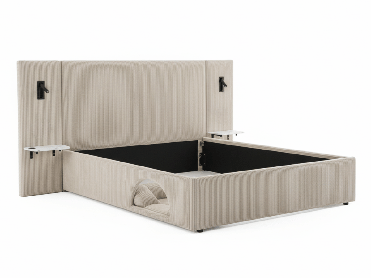 Lit Élysée – CosyPet Edition : tête de lit XXL, coffre, lumières, USB & tables de chevet incluses