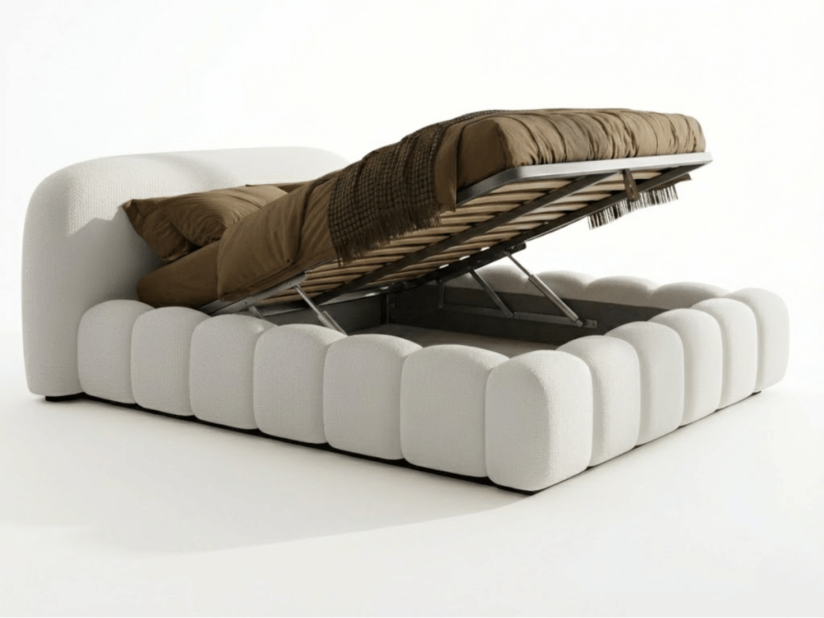 Lit coffre Orlando – Design arrondi ultra rembourré, sommier relevable