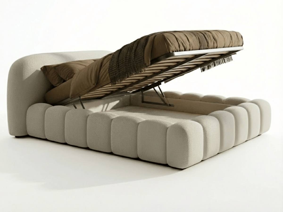 Lit coffre Orlando – Design arrondi ultra rembourré, sommier relevable