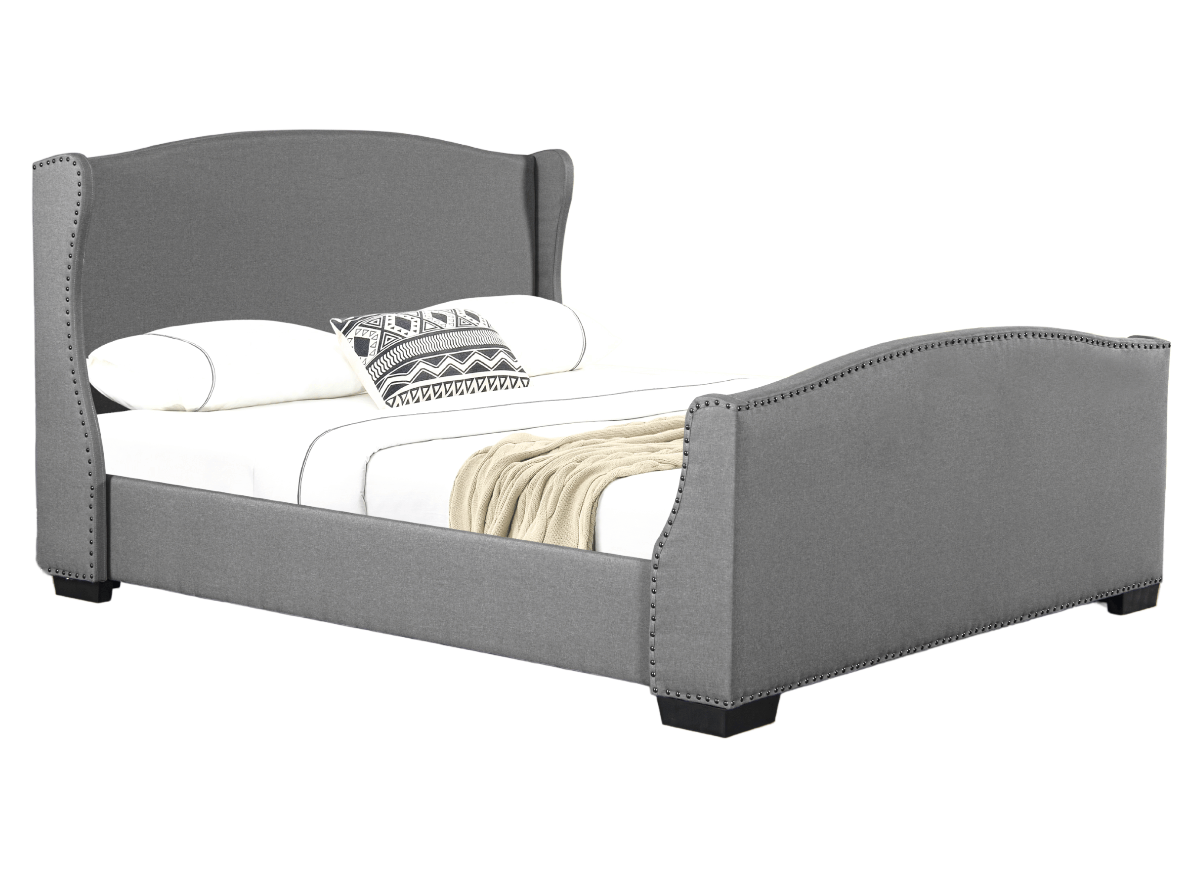 Cama tapizada Christelle en tejido gris con cabecero tachonado - Somier de láminas incluido