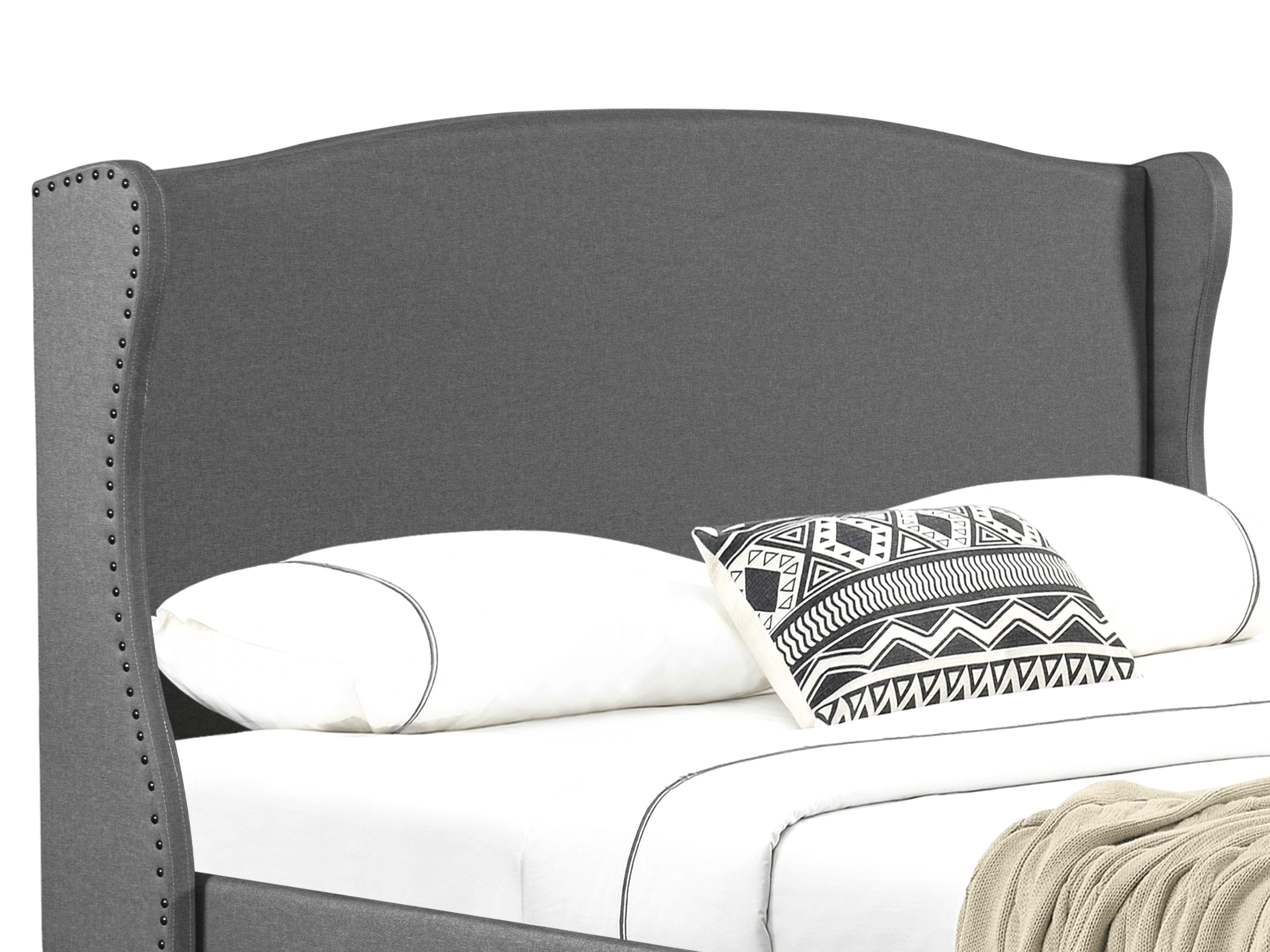 Cama tapizada Christelle en tejido gris con cabecero tachonado - Somier de láminas incluido