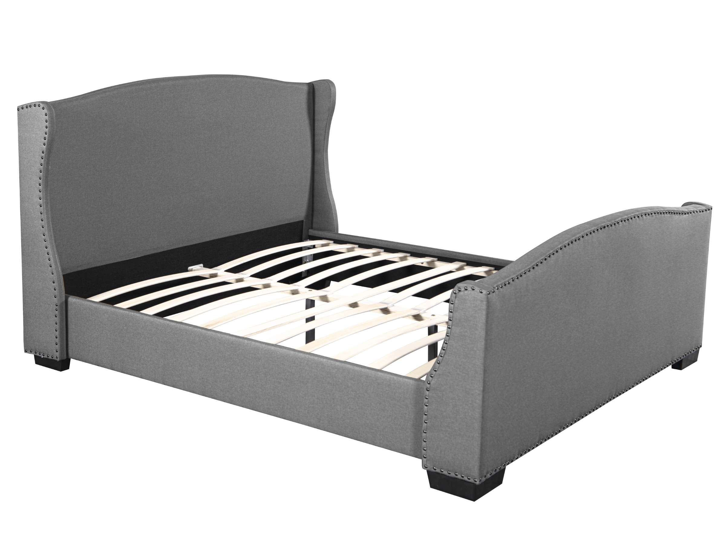 Cama tapizada Christelle en tejido gris con cabecero tachonado - Somier de láminas incluido