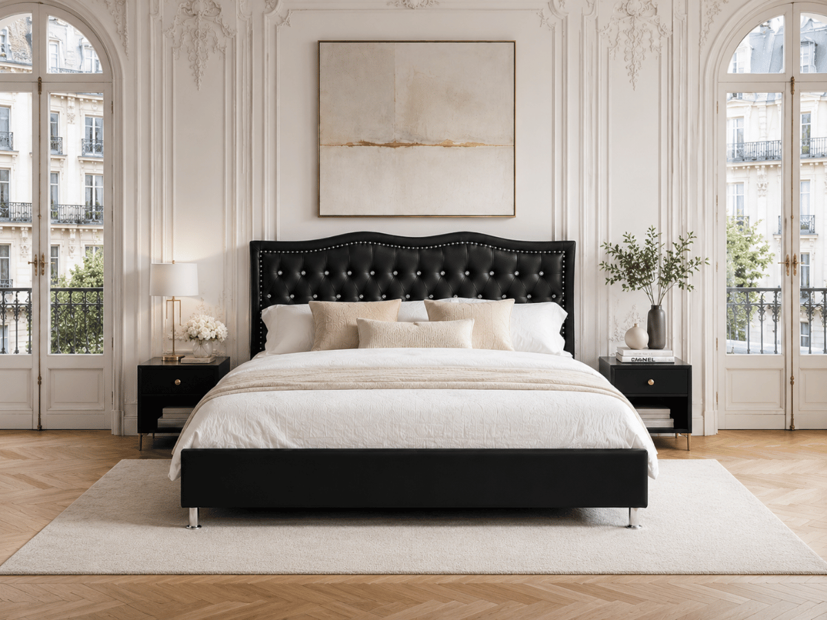 Lit capitonné Majestic en similicuir – tête de lit ondulée avec strass et clous décoratifs
