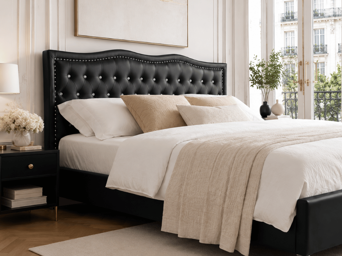 Lit capitonné Majestic en similicuir – tête de lit ondulée avec strass et clous décoratifs