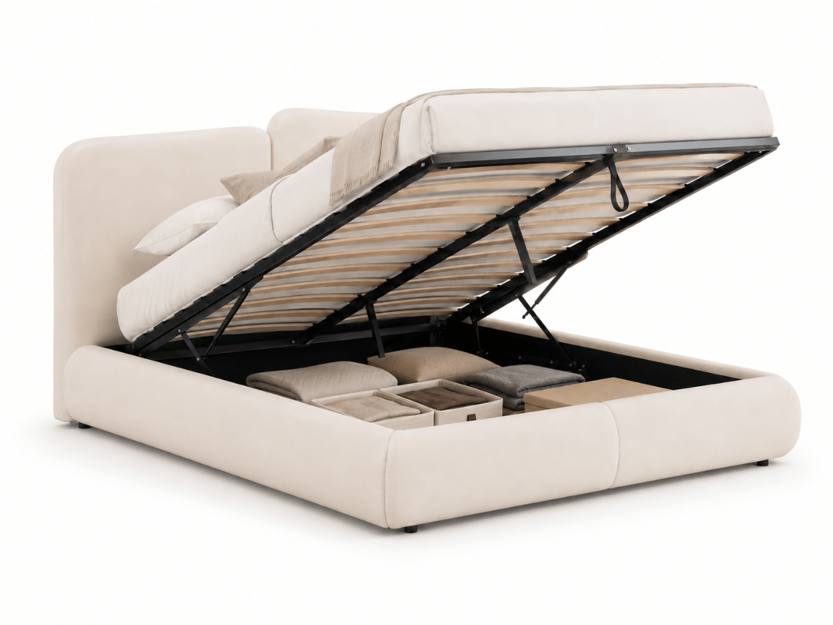 Lit coffre Romane – Tête de lit moderne asymétrique et grand rangement