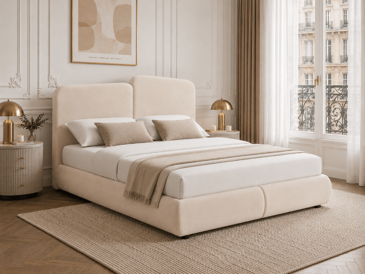 Lit coffre Romane – Tête de lit moderne asymétrique et grand rangement