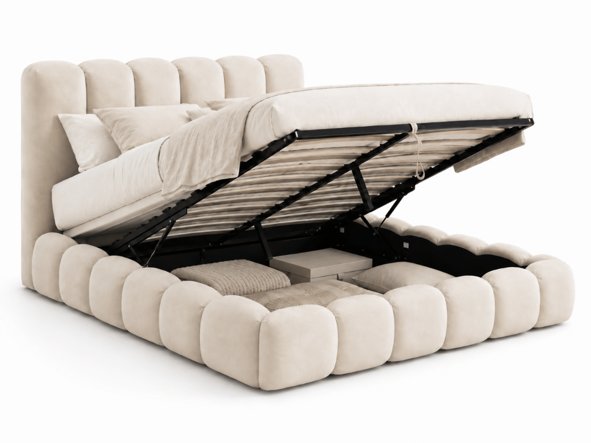Lit coffre Romy – Design arrondi, tête de lit capitonnée & grand rangement
