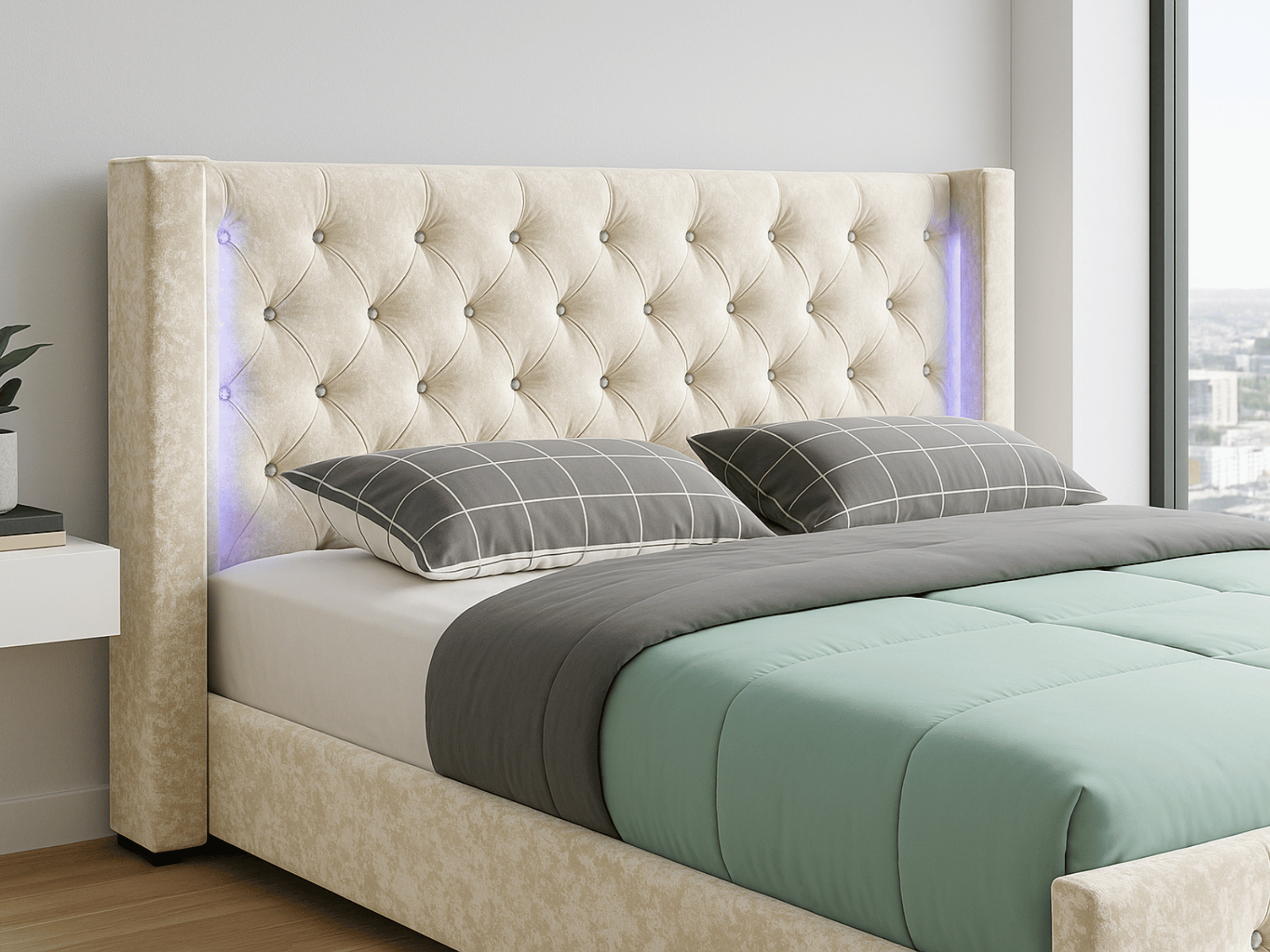 Lit coffre capitonné avec LED en velours - NOUR