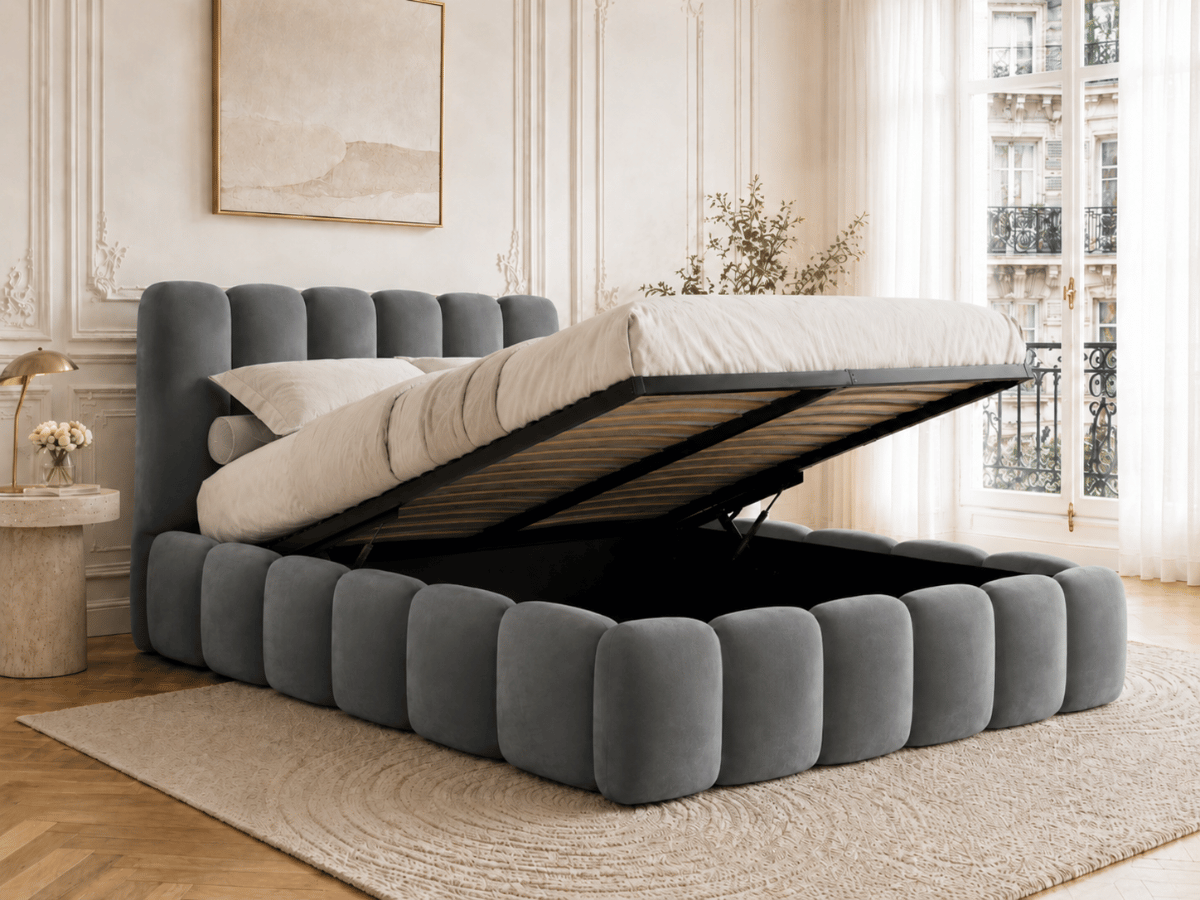 Lit coffre design avec tête de lit matelassée - JADE
