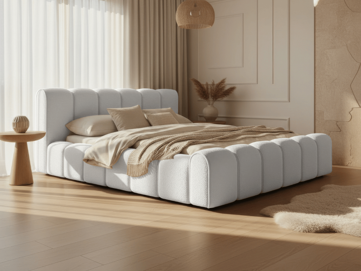 Lit coffre Adèle en tissu bouclette – Design capitonné, coffre de rangement