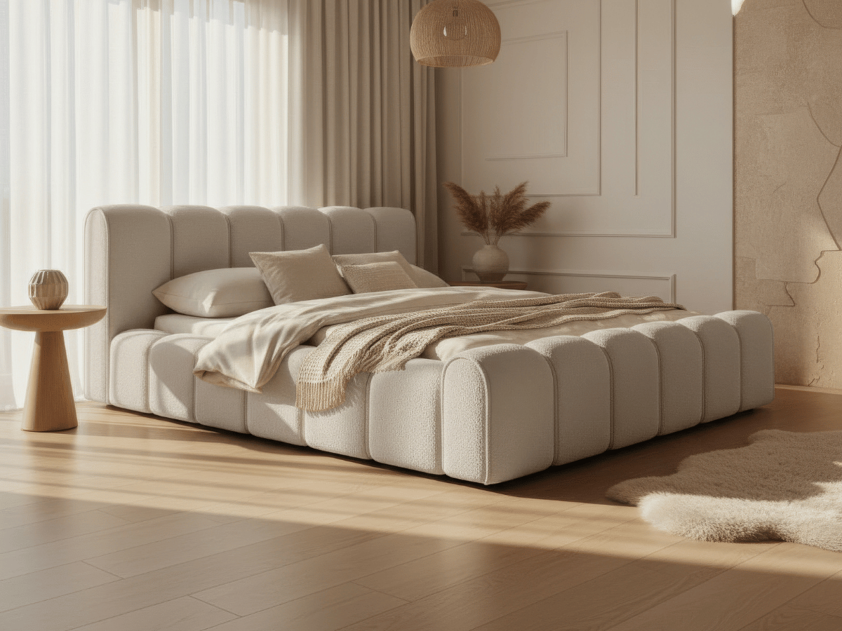 Lit coffre Adèle en tissu bouclette – Design capitonné, coffre de rangement