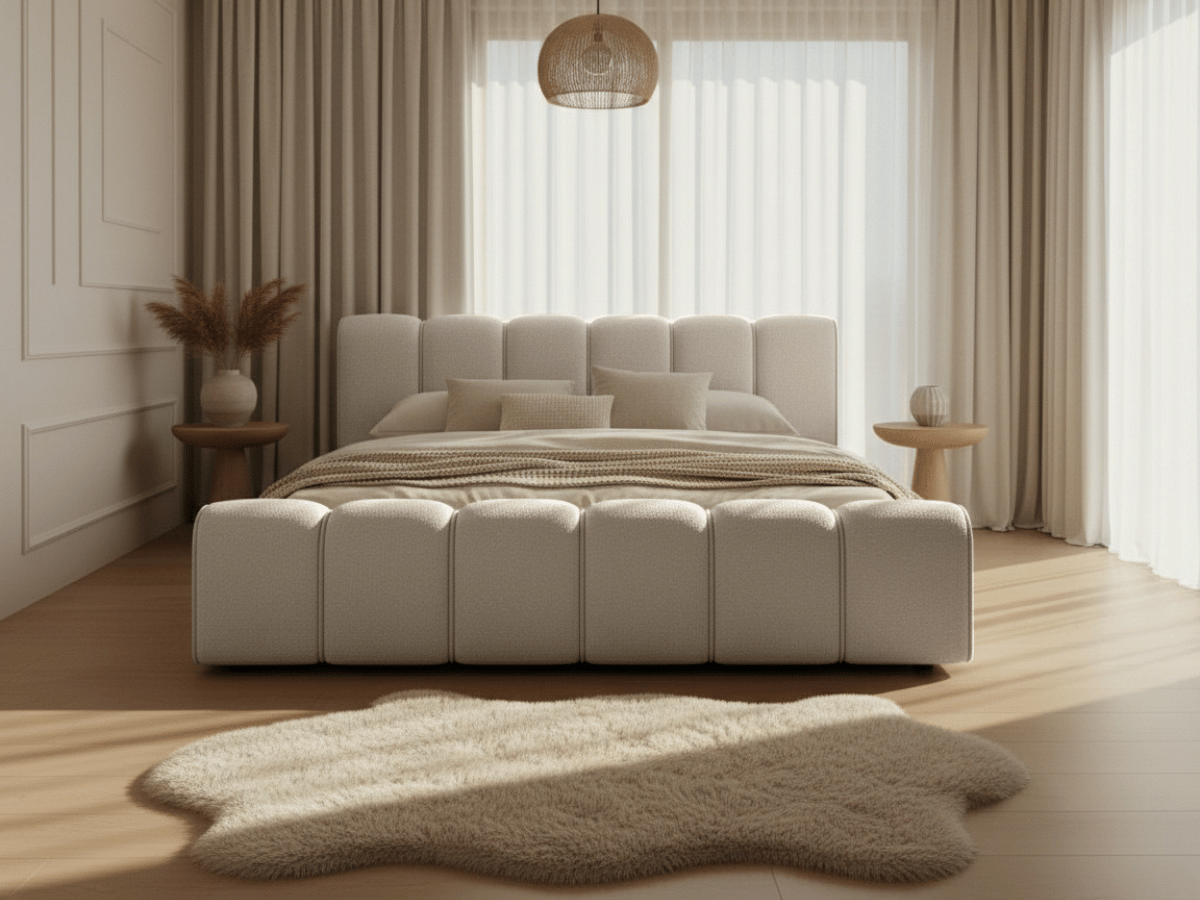 Lit coffre Adèle en tissu bouclette – Design capitonné, coffre de rangement