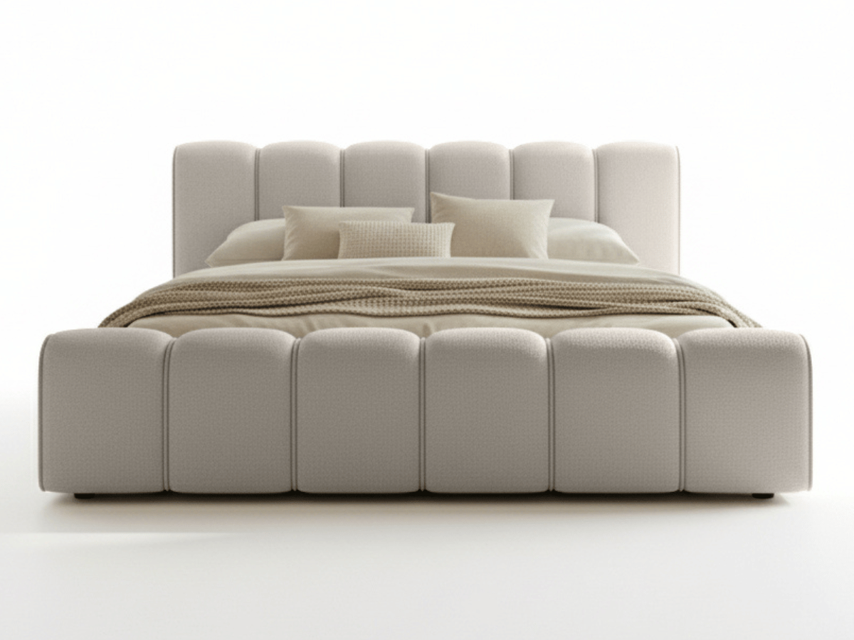 Lit coffre Adèle en tissu bouclette – Design capitonné, coffre de rangement