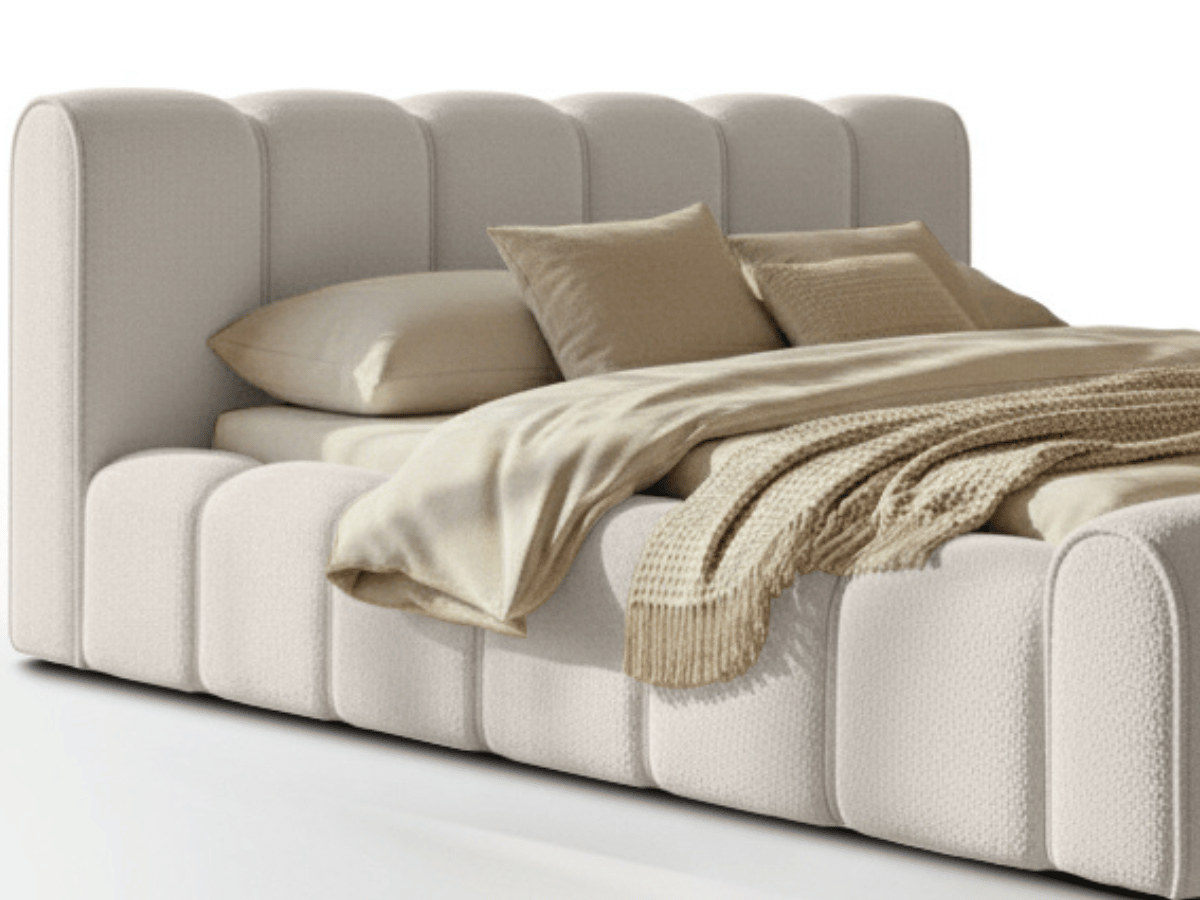 Lit coffre Adèle en tissu bouclette – Design capitonné, coffre de rangement