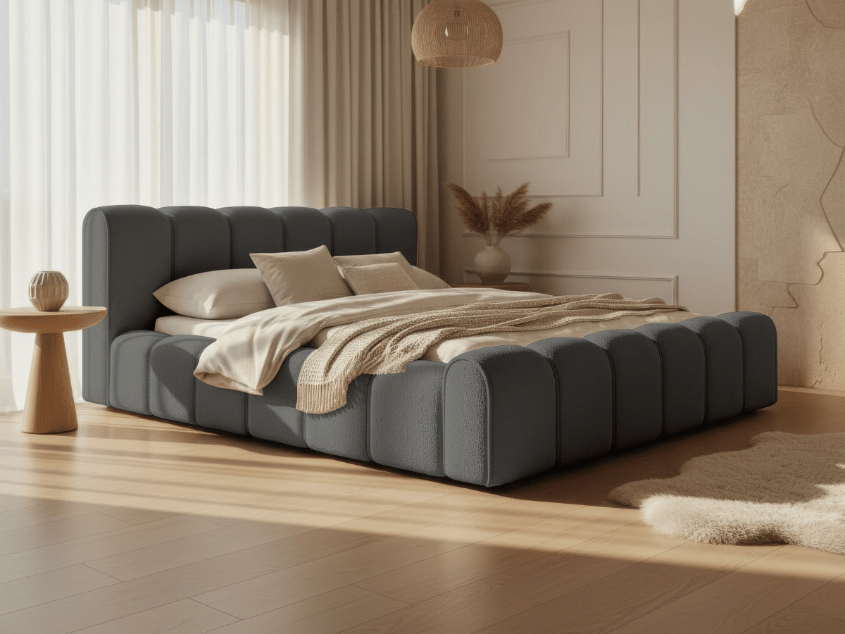 Lit coffre Adèle en tissu bouclette – Design capitonné, coffre de rangement