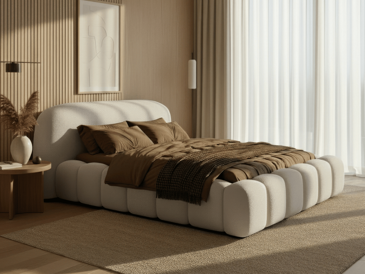 Lit coffre Orlando – Design arrondi ultra rembourré, sommier relevable