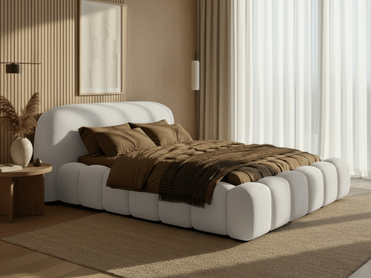 Lit coffre Orlando – Design arrondi ultra rembourré, sommier relevable