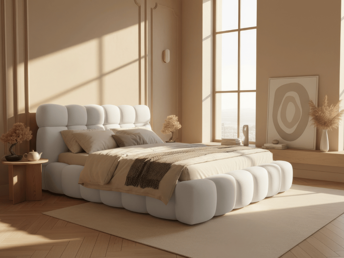 Lit coffre Denver en tissu bouclette – Lit design rembourré avec rangement