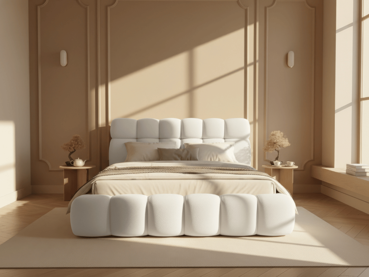 Lit coffre Denver en tissu bouclette – Lit design rembourré avec rangement