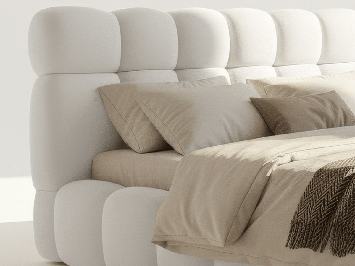 Lit coffre Denver en tissu bouclette – Lit design rembourré avec rangement