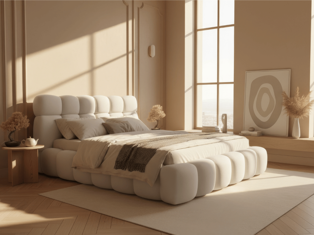 Lit coffre Denver en tissu bouclette – Lit design rembourré avec rangement