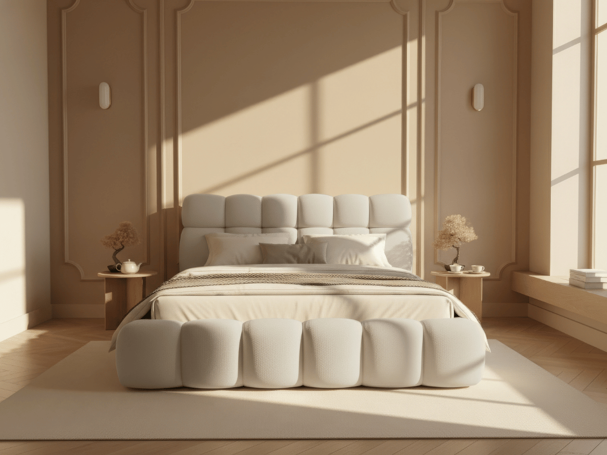 Lit coffre Denver en tissu bouclette – Lit design rembourré avec rangement