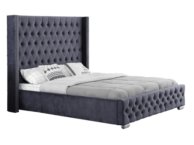 Lit capitonné design velours avec grande tête de lit - ELARA