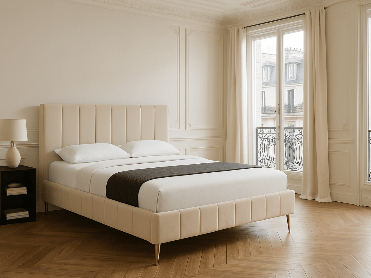 Lit double en velours beige  et pieds dorés – Clémence