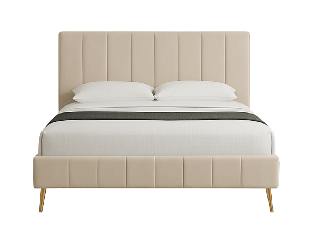 Lit double en velours beige  et pieds dorés – Clémence