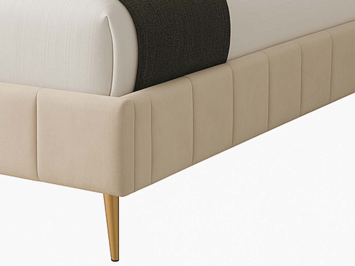 Lit double en velours beige  et pieds dorés – Clémence