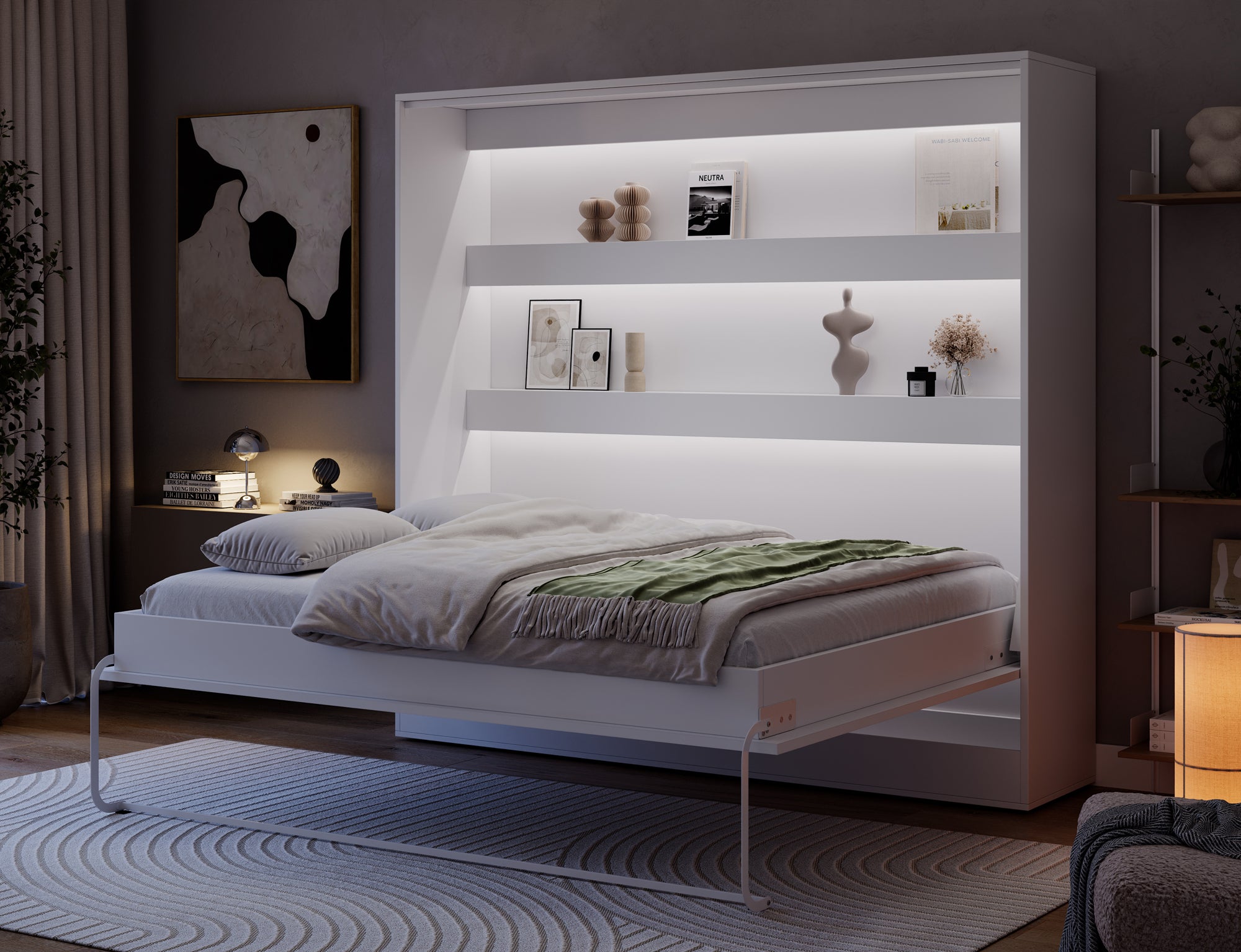 Lit escamotable NEO – armoire lit murale verticale avec rangements