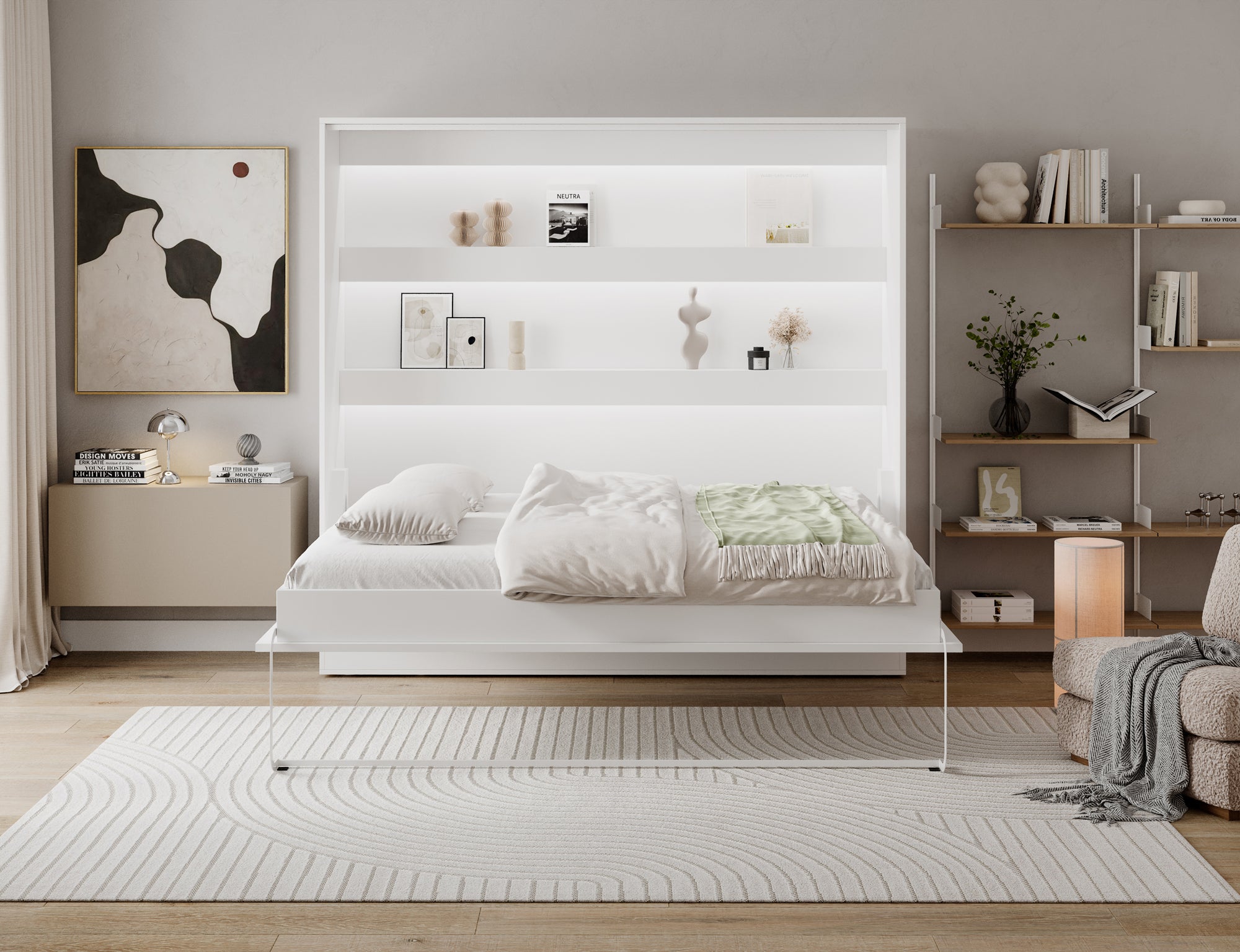Lit escamotable NEO – armoire lit murale verticale avec rangements