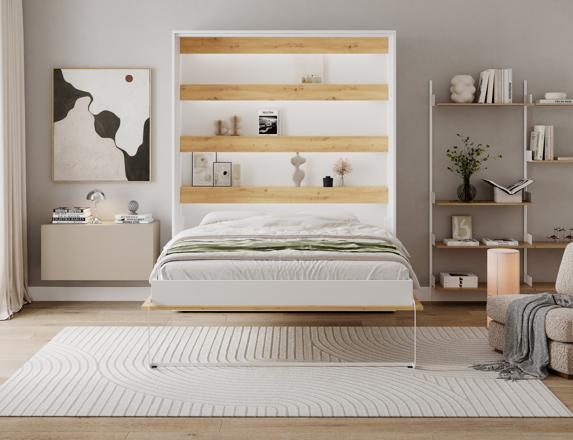 Lit escamotable NEO – armoire lit murale verticale avec rangements