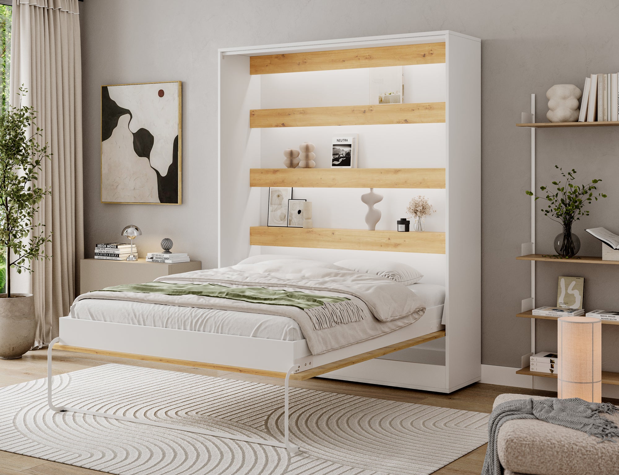 Lit escamotable NEO – armoire lit murale verticale avec rangements