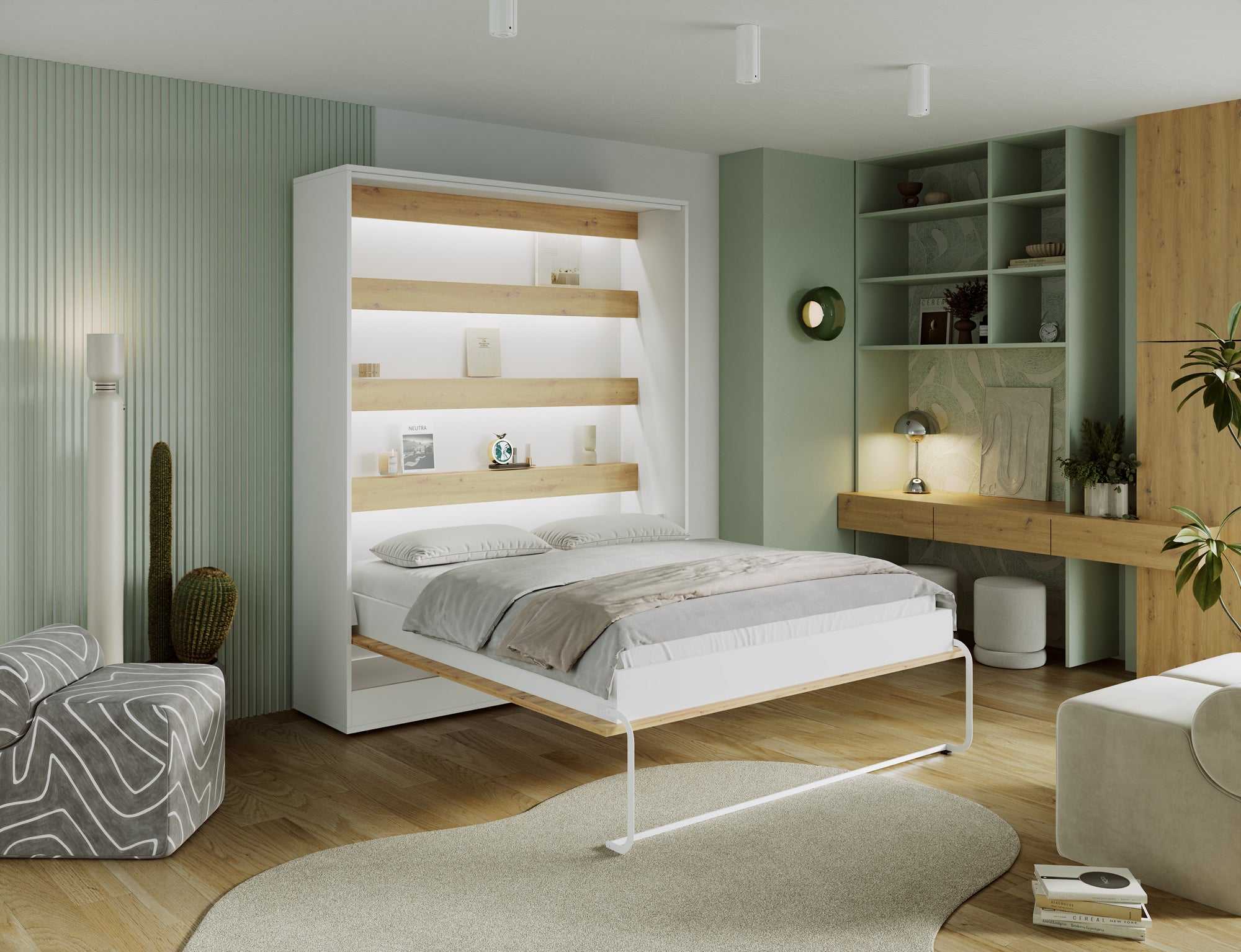 Lit escamotable NEO – armoire lit murale verticale avec rangements