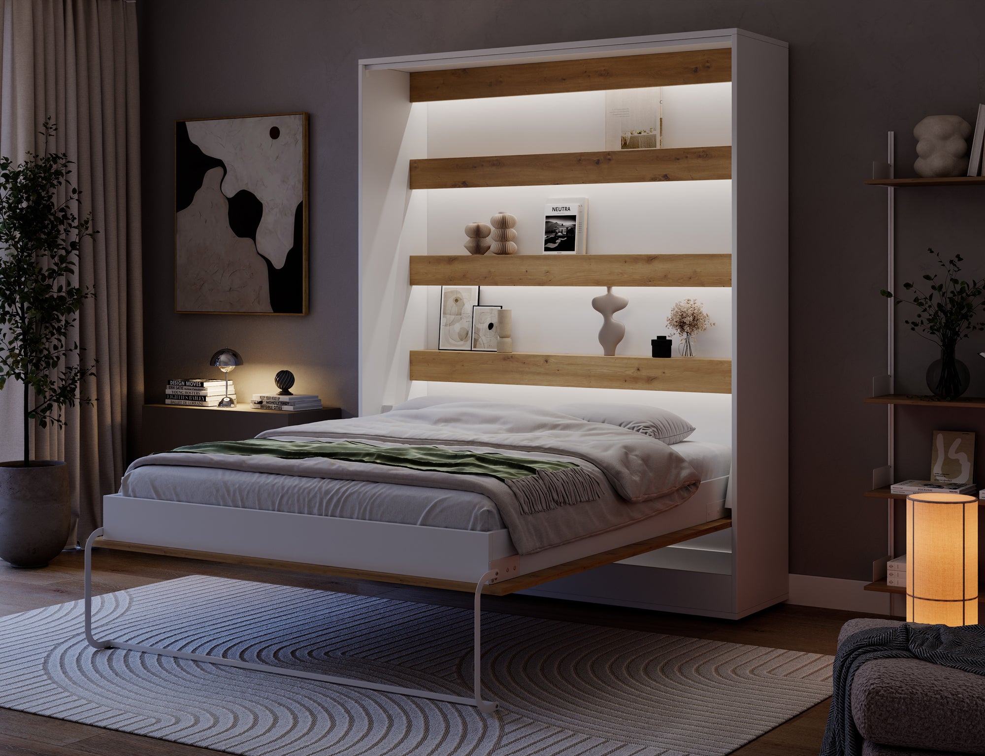 Lit escamotable NEO – armoire lit murale verticale avec rangements
