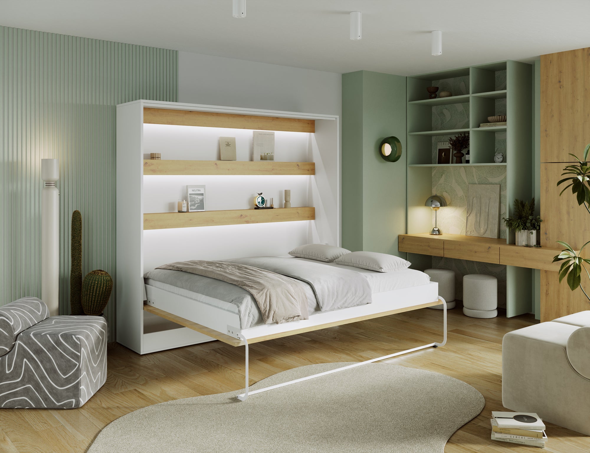 Lit escamotable NEO – armoire lit murale verticale avec rangements