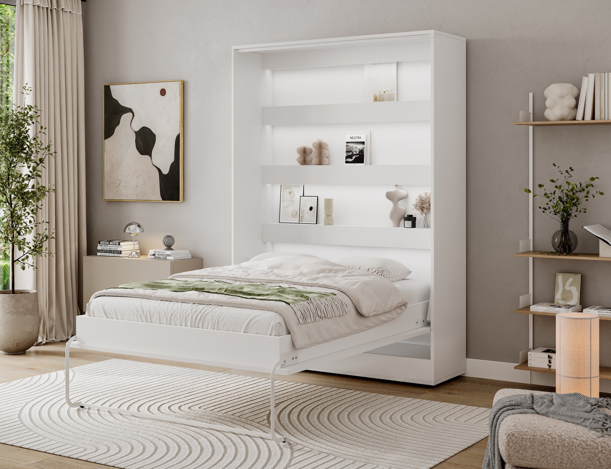 Lit escamotable NEO – armoire lit murale verticale avec rangements