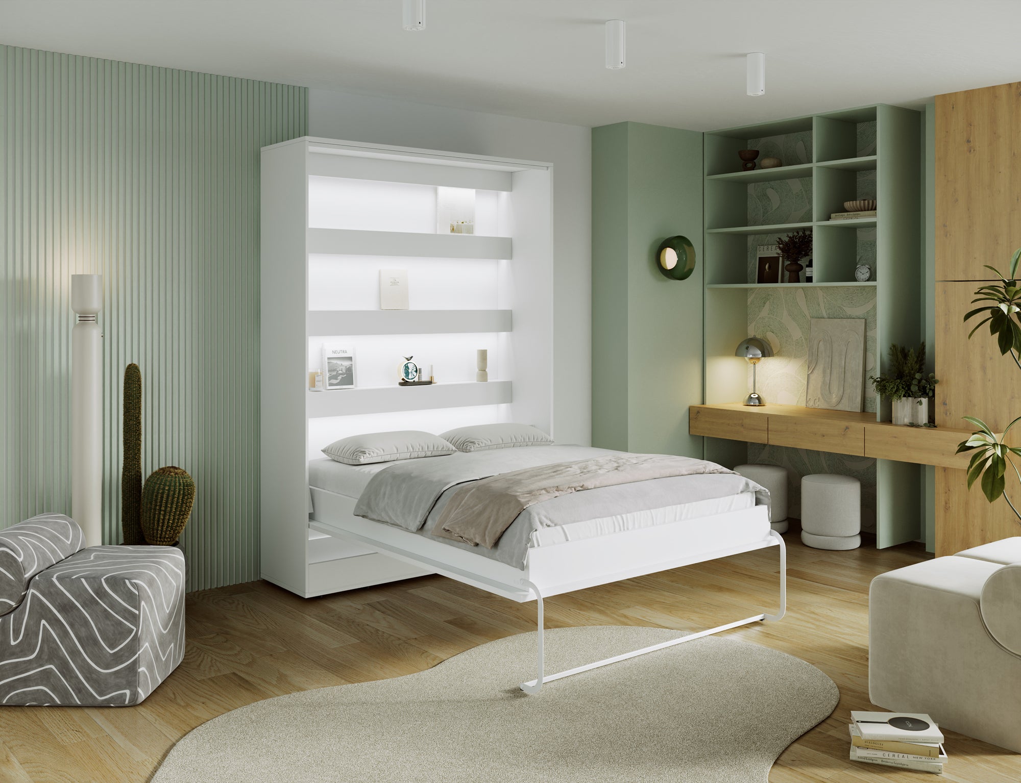 Lit escamotable NEO – armoire lit murale verticale avec rangements