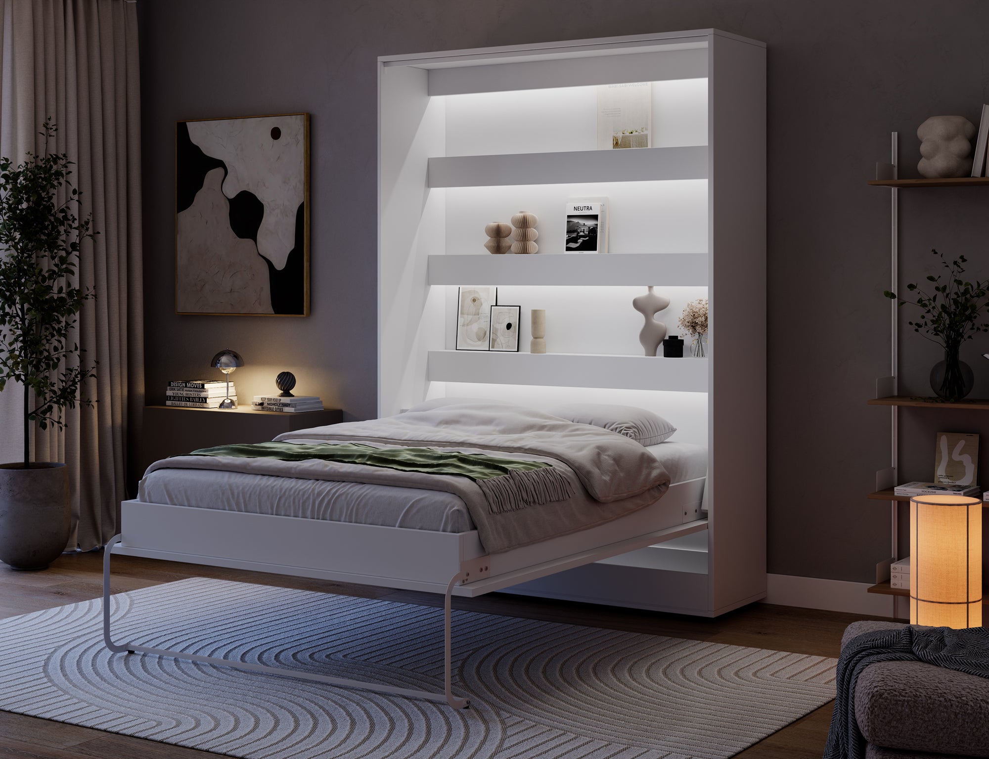 Lit escamotable NEO – armoire lit murale verticale avec rangements