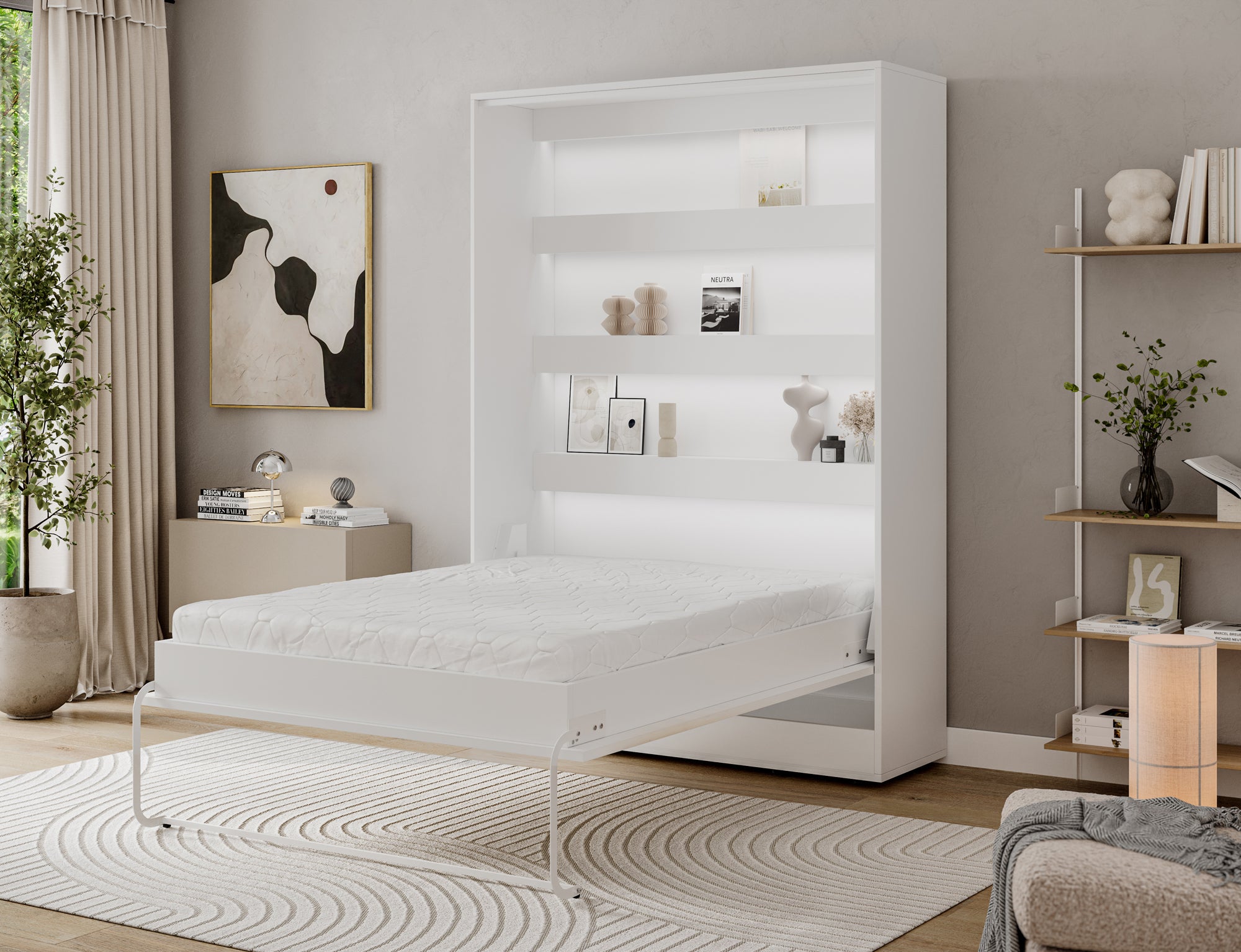 Lit escamotable NEO – armoire lit murale verticale avec rangements