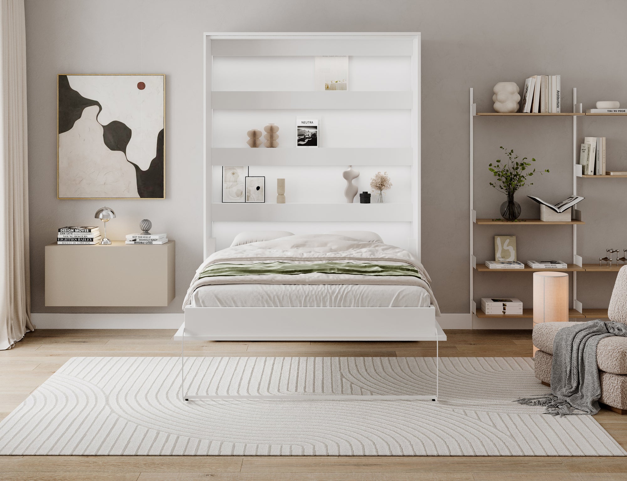 Lit escamotable NEO – armoire lit murale verticale avec rangements