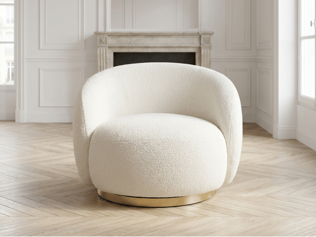 Fauteuil rotatif cocooning en bouclette blanche – Luma
