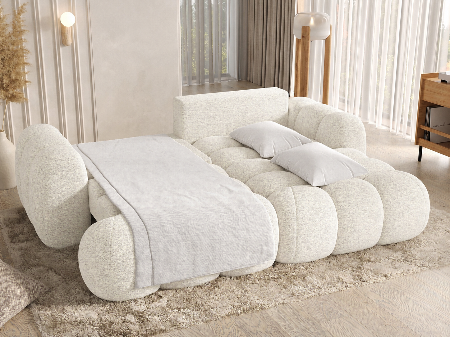 Canapé Saint-Germain angle – profil méridienne, tissu boucle blanc